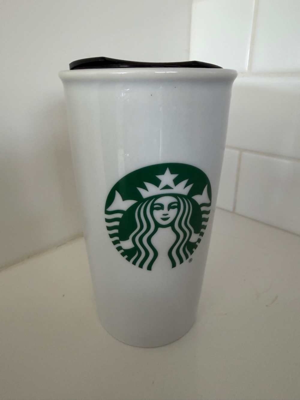 Starbucks White Ceramic Travel Mug Logo